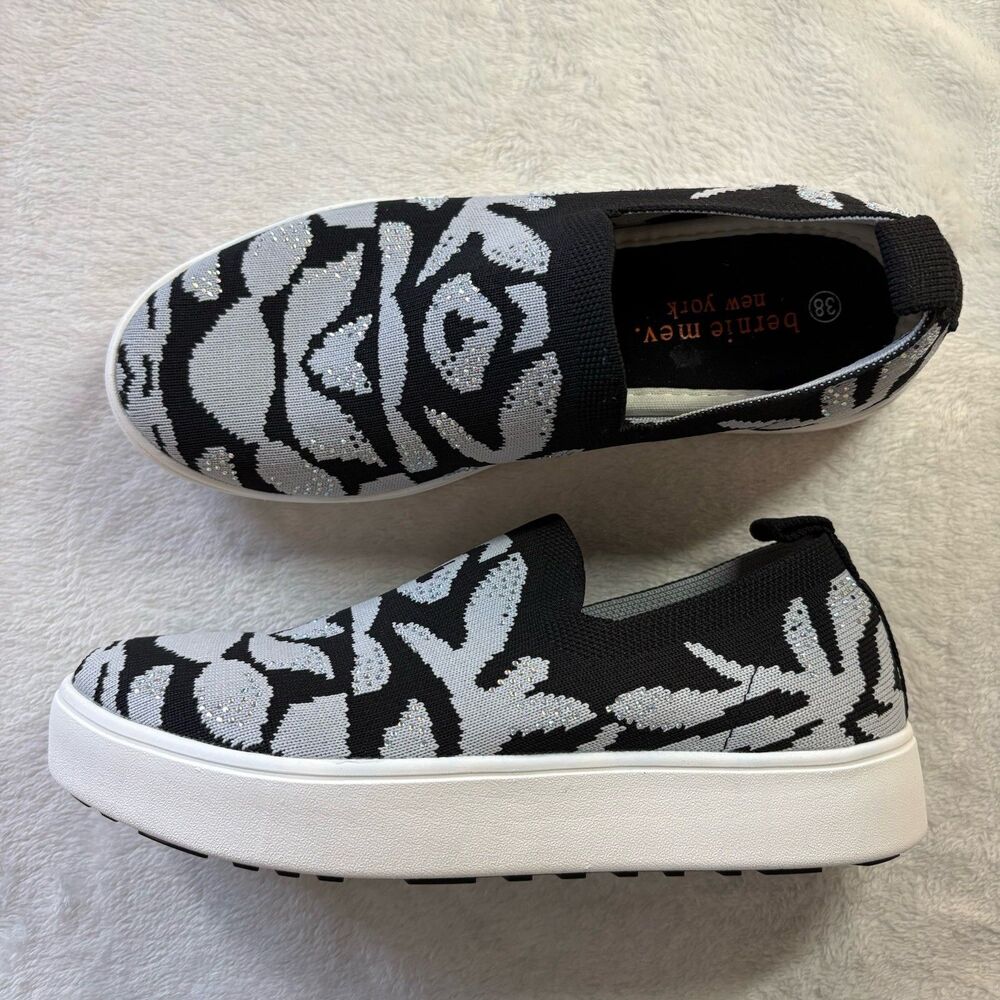 Bernie Mev New Daffodil Women's 38 Black Silver Woven Sparkle Slip On Sneaker